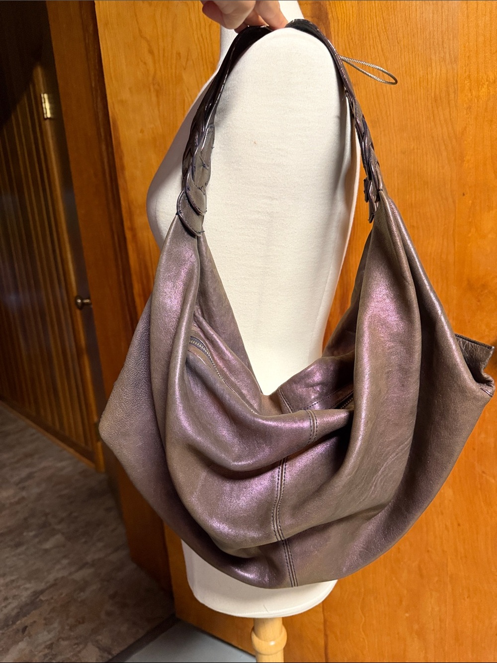 JUNIOR DRAKE Y2K Iridescent Plum Hobo Shoulder Bag Braided Strap Soft  Leather